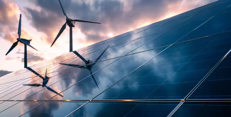 Solar panels in the foreground with two wind turbines behind. 