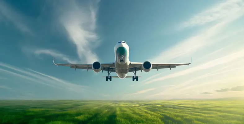 An aeroplane flying over a green field. 