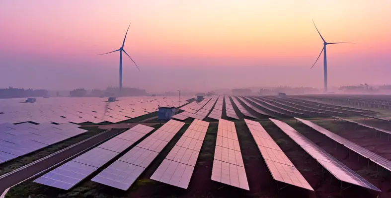 Solar and wind panels against a pink sunset.