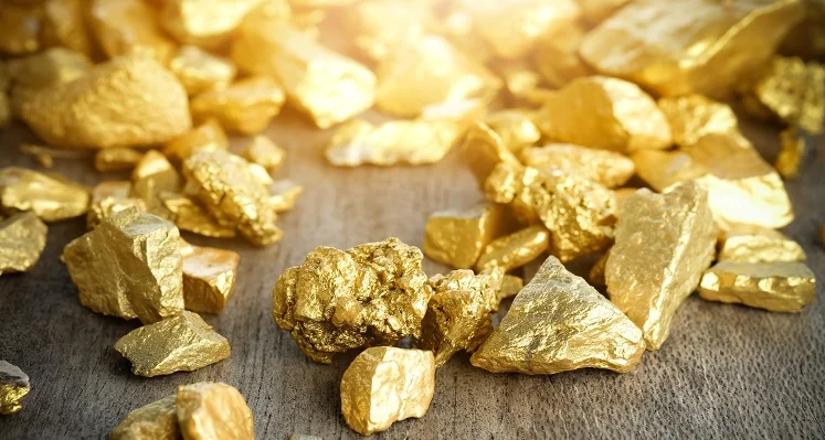 Chunks of gold from mining operations after being refined.