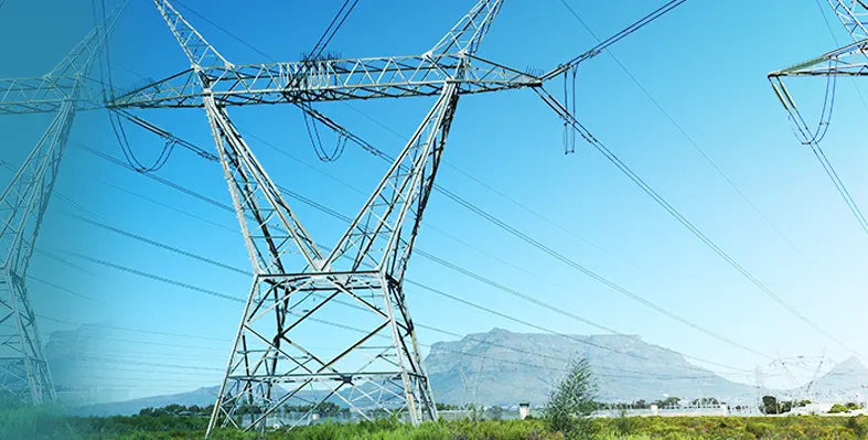 A South African energy pylon with table mountain in the background. 