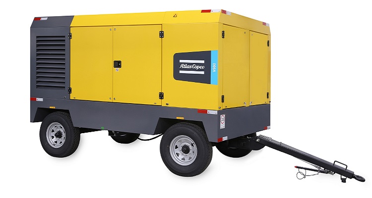 An Atlas Copco V900 mobile compressor against a white background. 