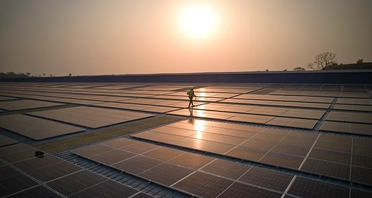 An engineer walking across a large platform of solar panels installed by Daystar Power.