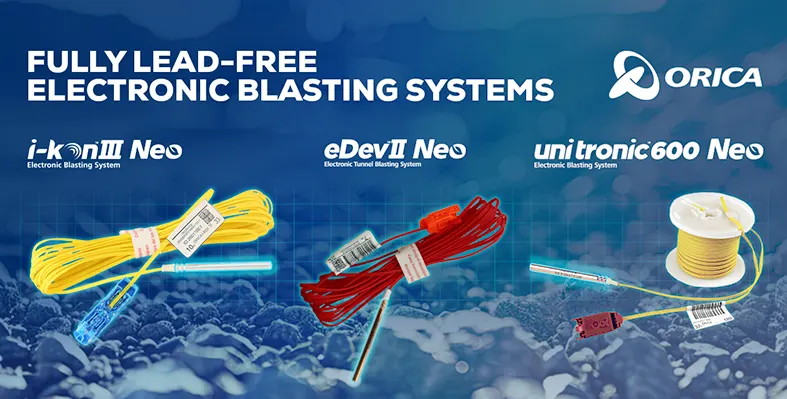 An Orica banner showing the lead-free electronic blasting systems of eDEV II Neo, uni tronic 600 Neo and ikon III Neo.