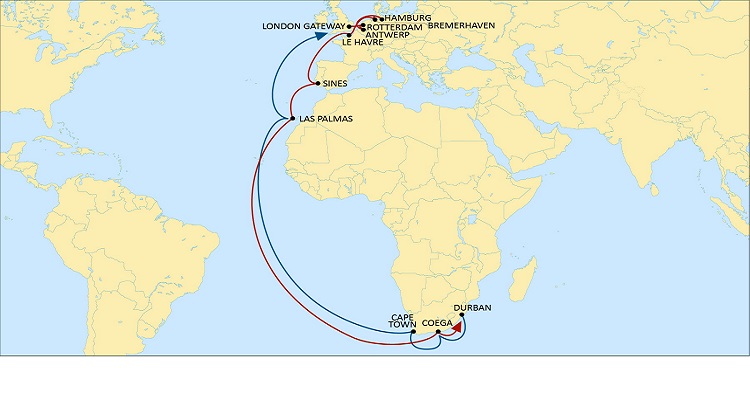 A map of the new MSC services from South Africa and Europe. 