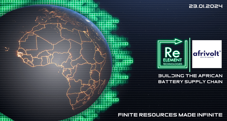 A digital image of Africa on the globe alongside the logos of ReElement and Afrivolt.